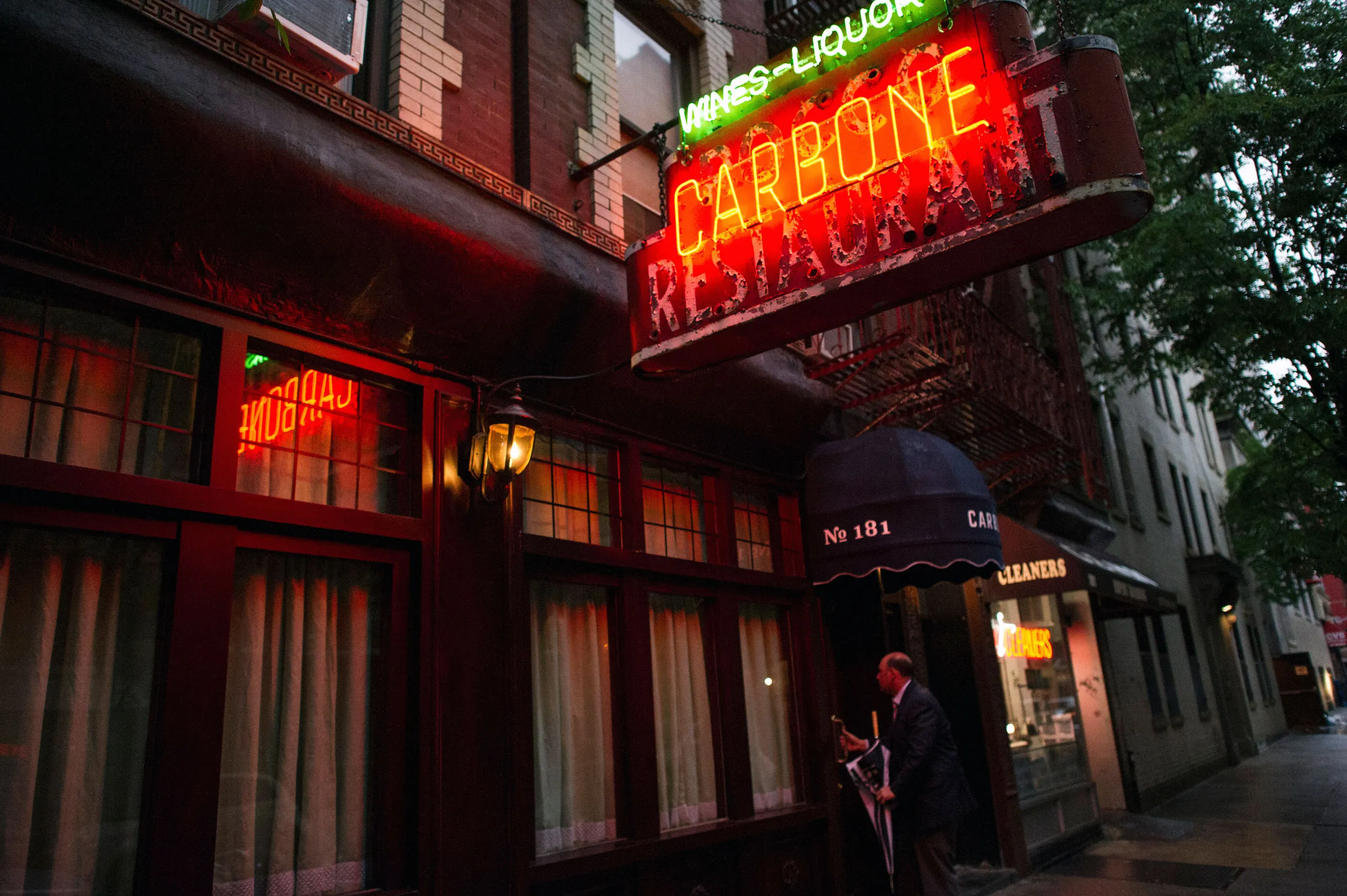 Carbone restaurant exterior at night